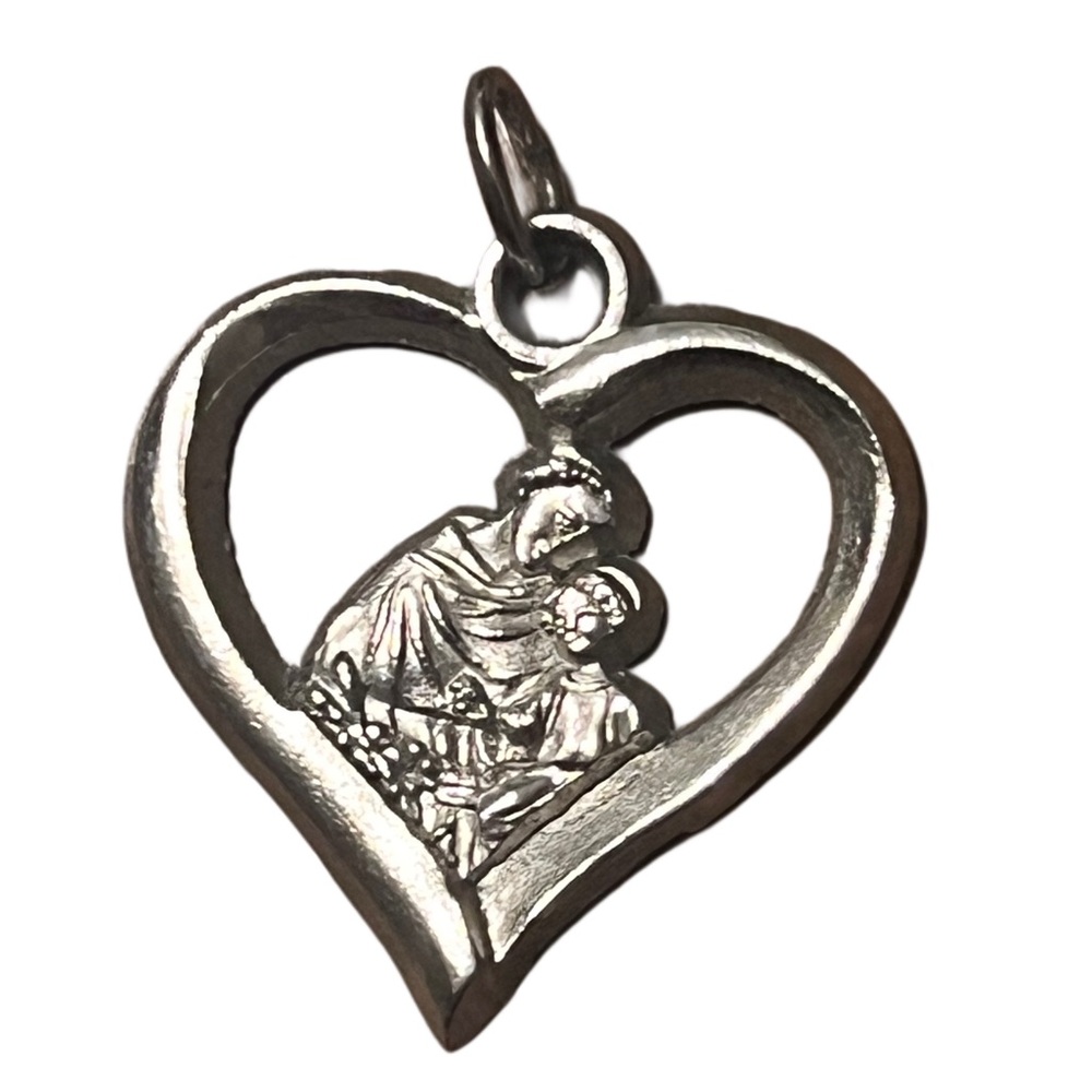Vintage Virgin Mary Baby Jesus Heart Pendant Silver Tone Religious Charm